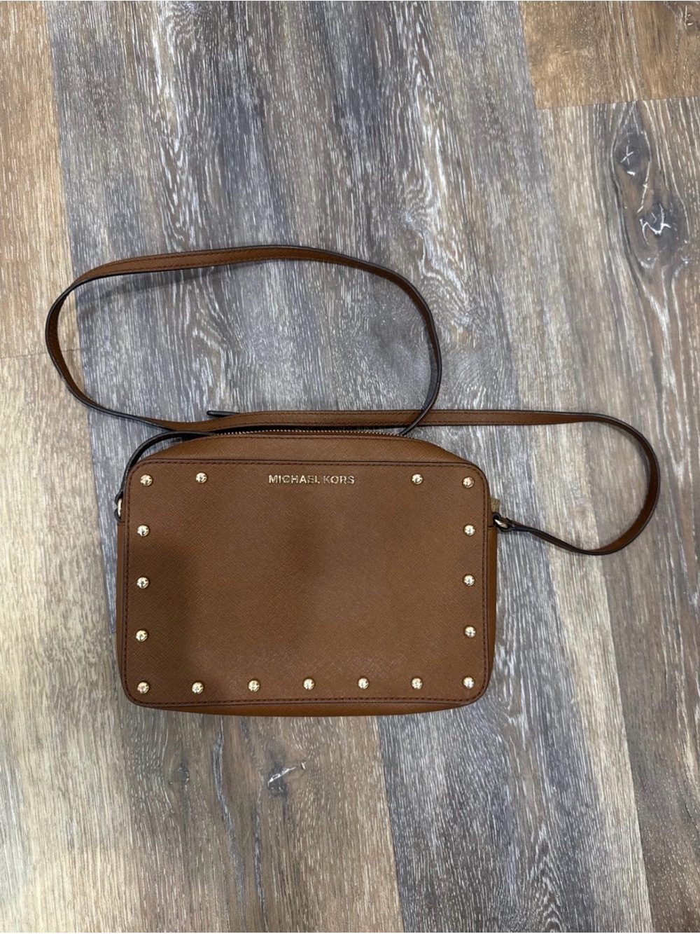 Michael Kors Brown Pebbled Leather Studded Crossbody